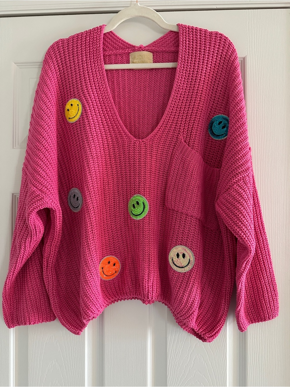Judith March Hot Pink V-Neck Sweater with Multicolor Smiley Patches